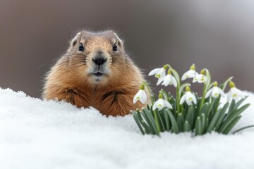 Naklejka na ściany i meble A cute fluffy groundhog wakes up in early spring, crawls out of his burrow and sees snowdrops and melting snow. An old omen predicting the end of winter.