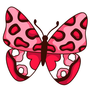 Groovy cartoon butterfly with psychedelic red leopard pattern. Funny retro flying insect mascot, cartoon fairy butterfly with cheetah fur motif and stripes, sticker of 70s 80s vector illustration