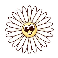 Groovy daisy flower cartoon character with long white petals. Funny retro floral mascot smiling, cute giggles and laughter of cartoon flower, comic chamomile sticker of 70s 80s vector illustration