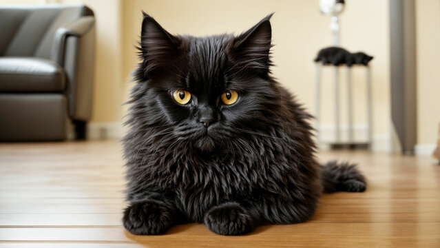 a Black Persian Cat on a solid-colored floor the dynamic energy as the cat pounces, leaps, or stretches its elegant limbs, creating a series of images that convey both movement and grace. 