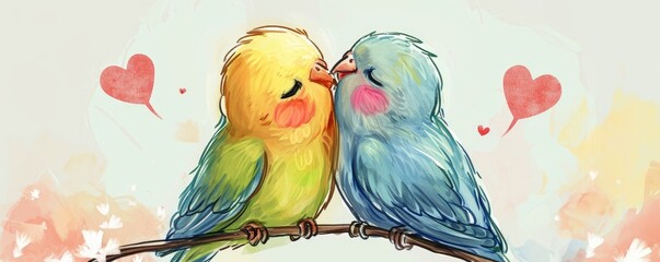 Two Affectionate Parakeets Displaying Love on a Perch With Heart Illustrations