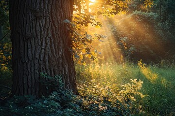 Enchanted woodlands. Stunning forest landscape bathed in warmth of morning sunlight featuring green foliage mist and magical atmosphere perfect for capturing beauty of nature