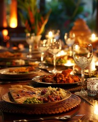 Festive Indian meal, traditional attire, North Indian cuisine, lavish spread, elegant table setting, warm candlelight
