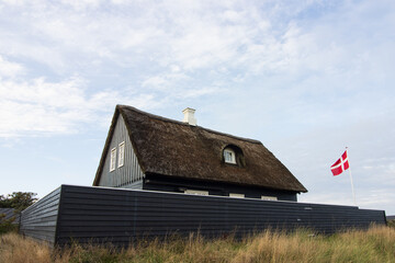 Reet gedecktes Holz Ferienhaus in Dänemark mit Dänemark-Flagge. - obrazy, fototapety, plakaty