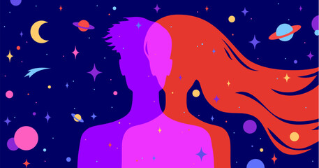 Couple woman, man dreams. Modern flat character silhouette woman, man with dream universe, cosmos, stars background. Character couple, imagination connection universe starry night. Vector illustration - 705682571