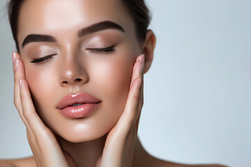 Obraz premium Healthy Skin Care: Smiling Woman with Natural Makeup Touching Glowing Skin