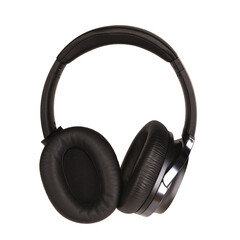 Fototapeta na wymiar Black wireless modern headphones on a white isolated background