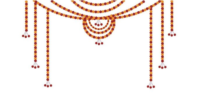 4k Traditional indian marigold floral garland animated video,wedding and festival decoration,border flower decoration with white background