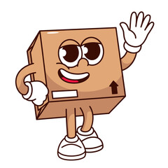 Groovy cardboard box cartoon character waving hand. Funny retro delivery mascot, cartoon brown paper box with happy smile and big eyes greeting customer, sticker of 70s 80s vector illustration