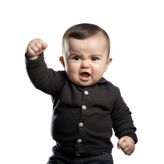 Baby hold up his fist determined to work hard! funny shot in png transparent background