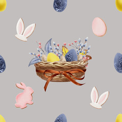 Seamless pattern of Easter mood. Wicker basket with a ribbon and a bow with eggs, feathers, willow branches, gypsophila flowers, with gingerbread in the form of a hare, hare ears and eggs.