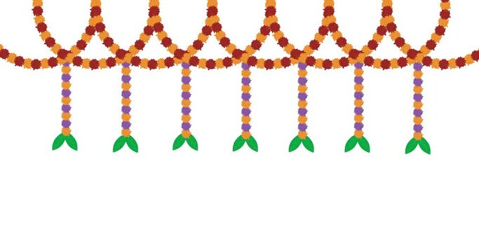 4k Traditional indian marigold floral garland animated video,wedding and festival decoration,border flower decoration with white background