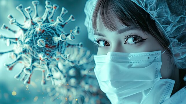 Digital image of green blue virus against scientist or doctor in the medical mask concept working in laboratory