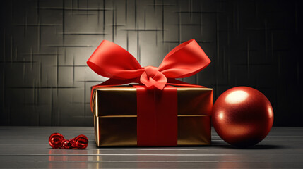 A gift boxes with a red bow and a ball