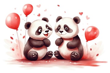 Two Adorable Cartoon Pandas Celebrating With Red Balloons and Hearts Illustration