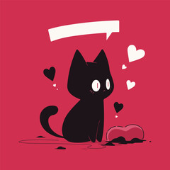 Cute hand drawn black cat with heart on red background and speech bubble. Copy space template. Valentine's Day concept greeting card. Simple shapes vector illustration. Minimalistic flat style art.
