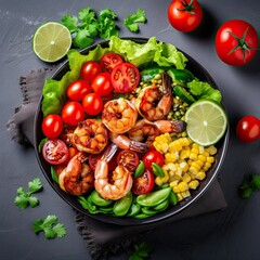 Healthy vegan diet food. Buddha bowl with fried tofu, avocado, edamame beans, tomatoes, cucumber, red cabbage. Dark kitchen table background, top view - obrazy, fototapety, plakaty