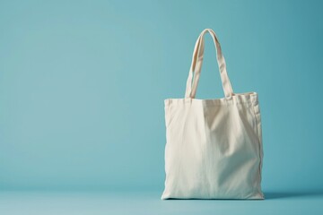 White tote bag without words isolated on light blue background. Mock up - obrazy, fototapety, plakaty