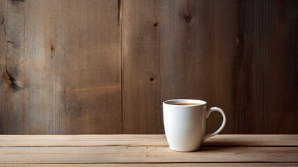 A white cup on a wooden surface