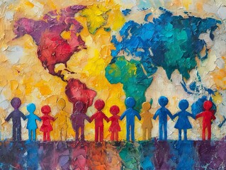Unity in Diversity - Abstract World Map. colorful abstract painting representing a world map and figures holding hands
