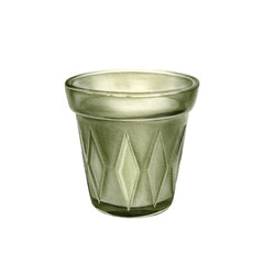 Watercolor illustration of a glass candle .Burning wax candle in green glass with rhombuses. Good for compositions spa, yoga, booklets for salons.