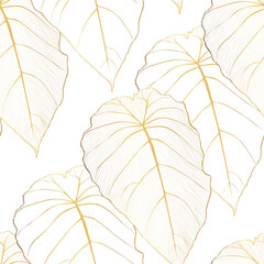Luxury gold background. Floral seamless pattern, Golden tropical split-leaf  with line arts illustration. - 705684907