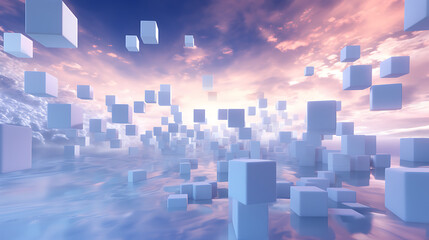 Abstract 3D rendering of floating cubes in a surreal and dreamlike environment with Copy Space - obrazy, fototapety, plakaty