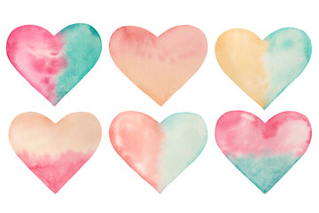 Watercolor colored hearts, Valentine's day, love, hand painted on paper, texture, white background, for design, packaging, invitation, backgrounds, postcards, scrapbooking