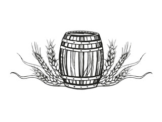 Hand drawn vector sketch of wooden barrel for wine, beer, whiskey and ears of wheat, black and white illustration of wood oak keg and wheat plant, inked illustration isolated on white background