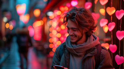 Smiling young man holding his phone with heart-shaped bokeh lights around him. Concept of Valentine's Day, and love is in the air.