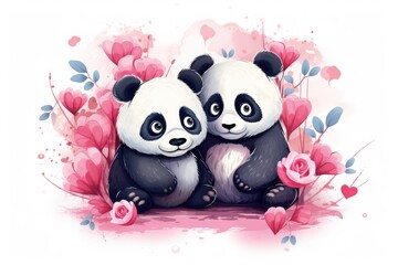 Naklejka premium Two Adorable Cartoon Pandas Surrounded by Pink Hearts and Flowers