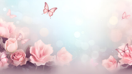 Mysterious fairy tale spring floral wide panoramic banner with fabulous blooming pink rose flowers summer fantasy garden on blurred sunny bright shiny glowing background and copy space, generative ai