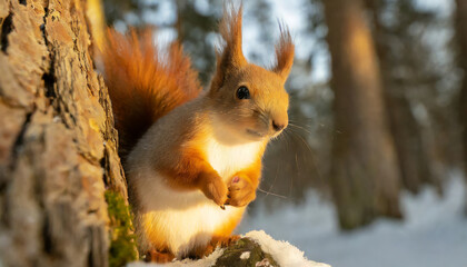 Fototapeta premium squirrel in snowy winter forest, backlight, generative ai