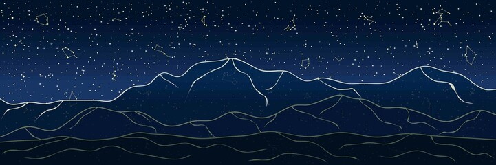 Abstract Sky Map of Hemisphere with Predawn Mountains. Blue and Yellow Constellations Isolated on Starry Night Background. Raster. 3D Illustration