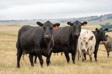 Naklejka na ściany i meble Stud Beef bulls and cows grazing on grass in a field, in Australia. breeds include speckle park, murray grey, angus, brangus and wagyu in summer