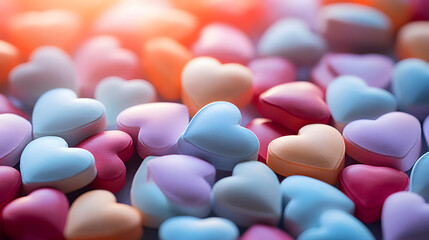 Background with heart shaped sweet pills. St Valentines Day background