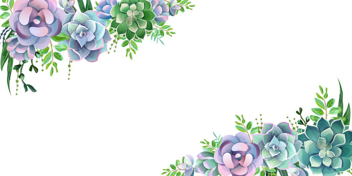 Greenery, succulent and branches frame corner border with copy space on white background. Template for invite or greeting card, banner, backdrop. Vector illustration.