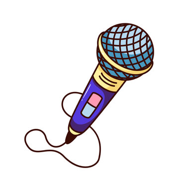 Groovy cartoon microphone with cord. Funny retro mic for hand of karaoke singer, concert speech and singing mascot, stage microphone with wire cartoon sticker of 70s 80s style vector illustration