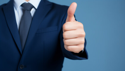 Businessman hand thumb up on blue punched paper