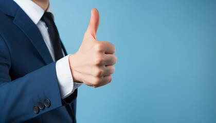 Businessman hand thumb up on blue punched paper