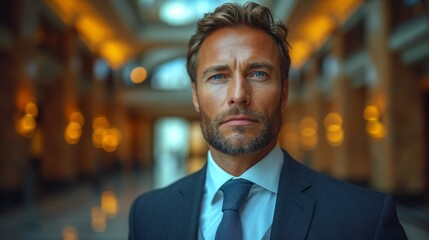 Fototapeta premium A portrait of a distinguished gentleman with an air of authority, clad in a sharp suit and tie, set against a backdrop of a grand, warmly lit corridor. 