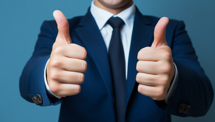 Businessman hand thumb up on blue punched paper