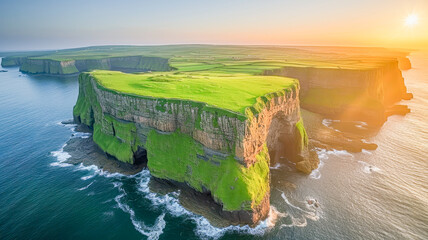 fantastic typical Irish landscape, with green hills and cliffs by the sea, St. Patrick's Day celebration, March - obrazy, fototapety, plakaty