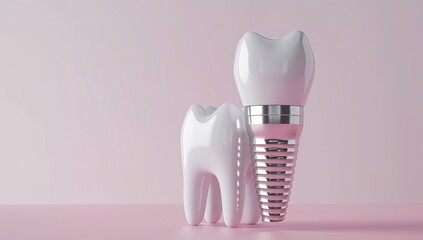 Detailed illustration of a dental implant among natural teeth, demonstrating the integration process and structure - obrazy, fototapety, plakaty
