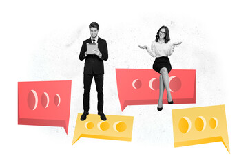 Creative collage image illustration black white filter two lovely happy smile young woman man...