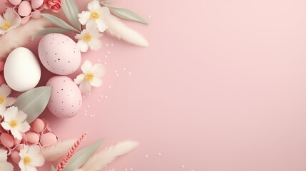 Top view of composition with Easter painted eggs, spring flowers on pink background. Greeting card, banner design with copy space.