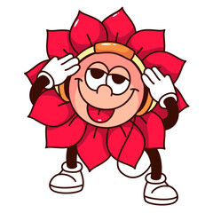 Groovy cartoon flower character in headphones to listen to music. Funny retro floral mascot with sticking tongue, flower with arms and legs cartoon sticker of 70s 80s style vector illustration