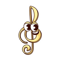 Groovy cartoon treble clef character with funny smile. Retro yellow musical key with eyes and mouth, melody and classic concert mascot, music clef cartoon sticker of 70s 80s style vector illustration
