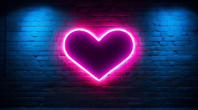 Red heart shape neon light on dark wall backgorund. Abstract and decoration concept. Happy Valentines day element. Sign and symbol electric light glow banner. 3D illustration render.generative ai