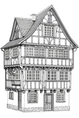 Drawing with a half-timbered house. Beautiful old European architecture.